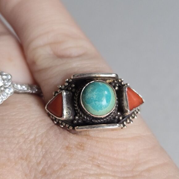 Mens Turquoise Coral 925 Sterling Ring Vintage Tibetan Boho Statement Sz 10.5 - Picture 2 of 12